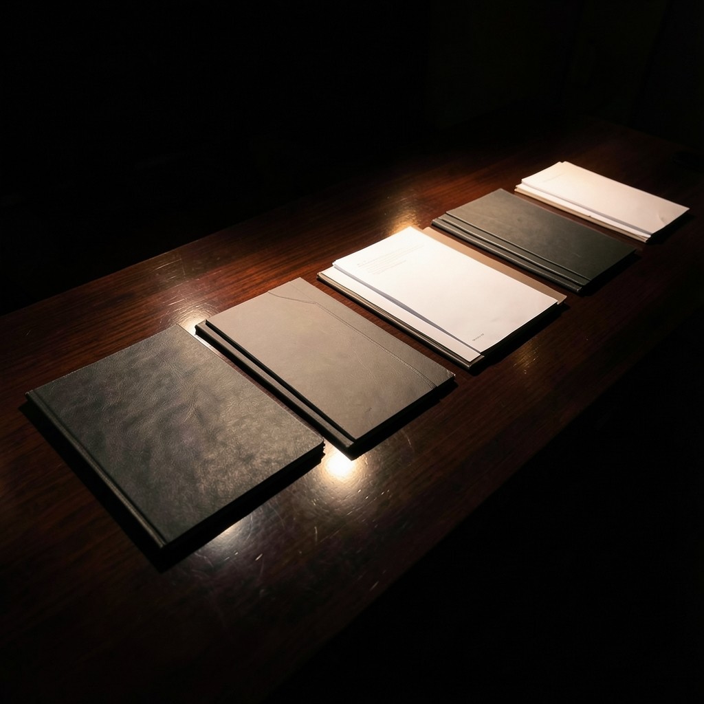 Sequence of briefing materials laid out across a long studio table