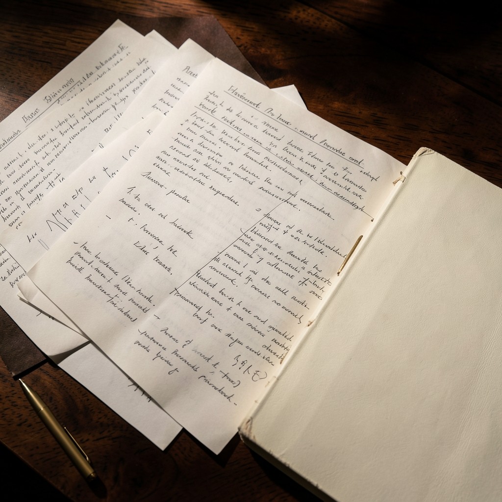 Printed briefing pages and annotated portfolio notes on a dark wood desk