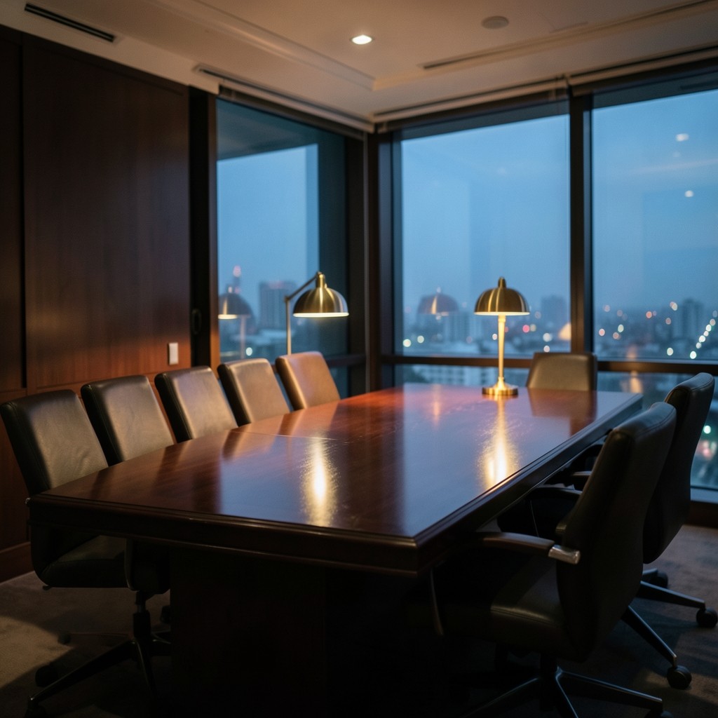 Evening view across a quiet Bangkok meeting room prepared for a client review