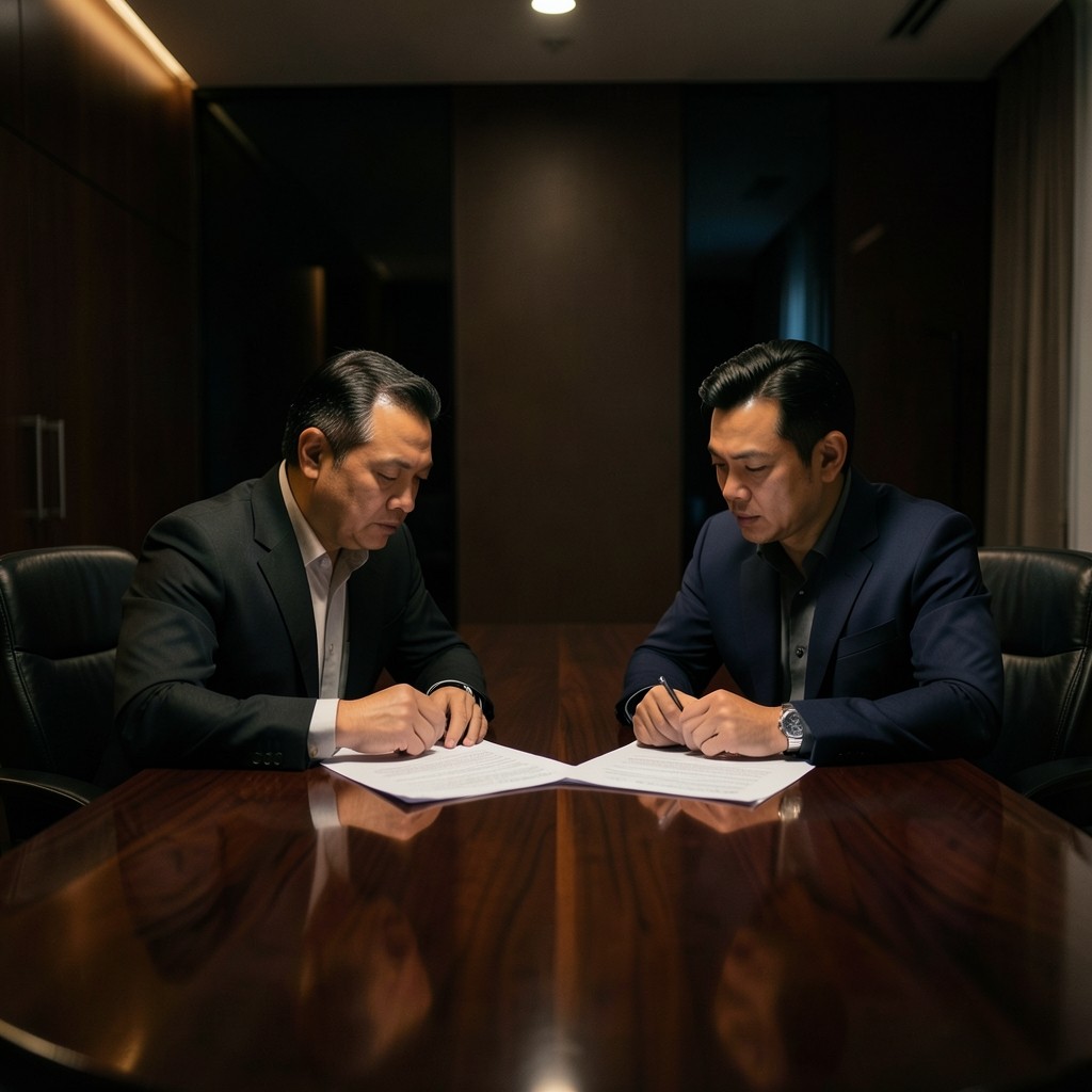 Relationship manager and advisor reviewing a concentration memo in a Bangkok office